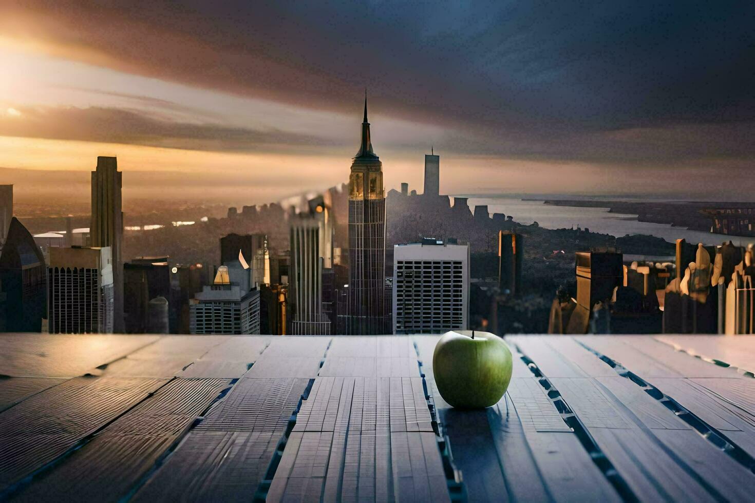 a green apple on a wooden table in front of a cityscape. AI-Generated photo