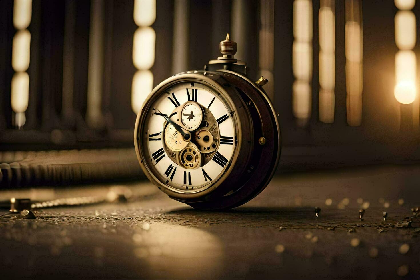 a clock is sitting on a table with a chain. AI-Generated photo