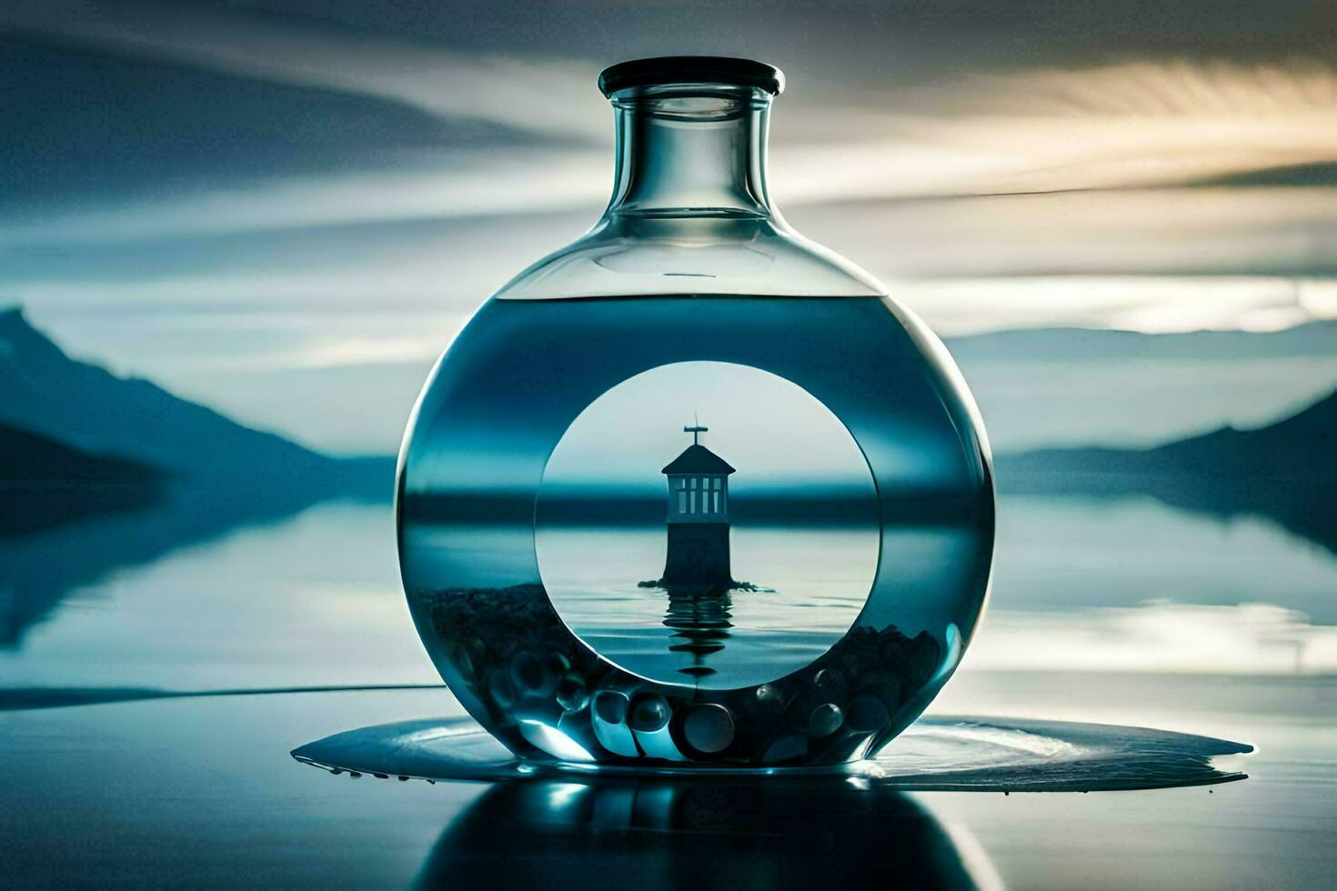 a bottle with a lighthouse in it on the water. AI-Generated photo