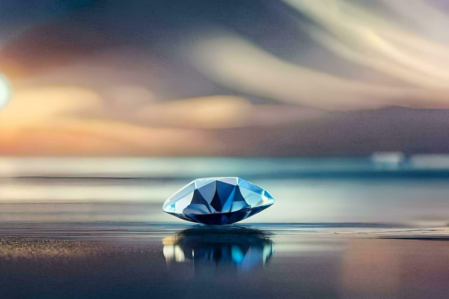 a diamond is sitting on the beach with the sun setting behind it. AI-Generated photo