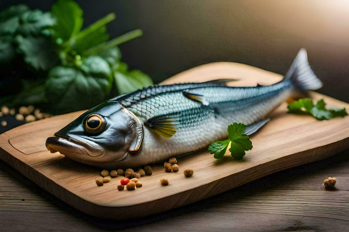 a fish on a cutting board with spices. AI-Generated photo