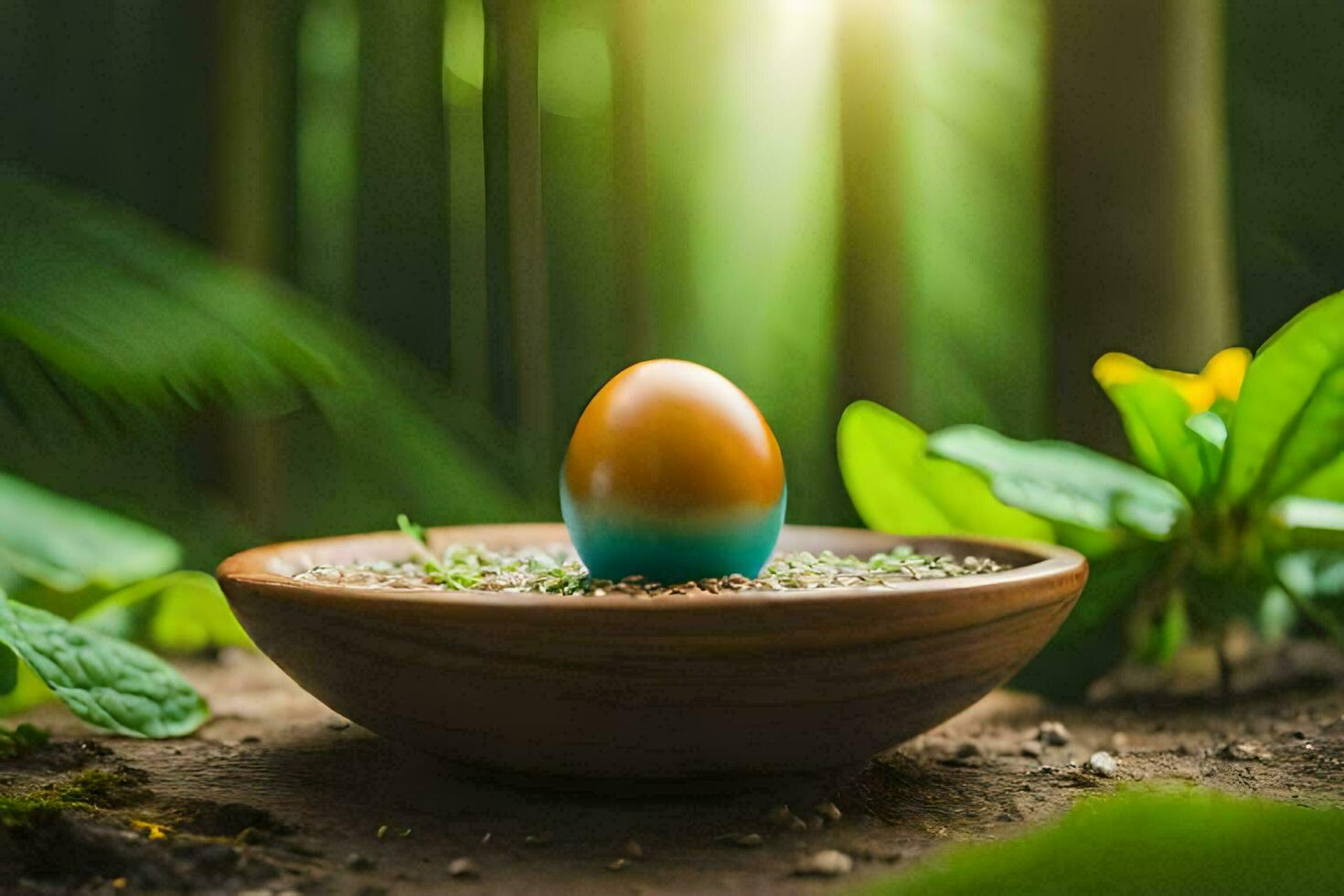 a colorful egg in a bowl on the ground in the forest. AI-Generated photo