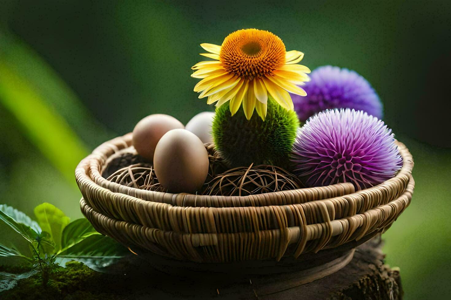 a basket with eggs and flowers on a tree stump. AI-Generated photo