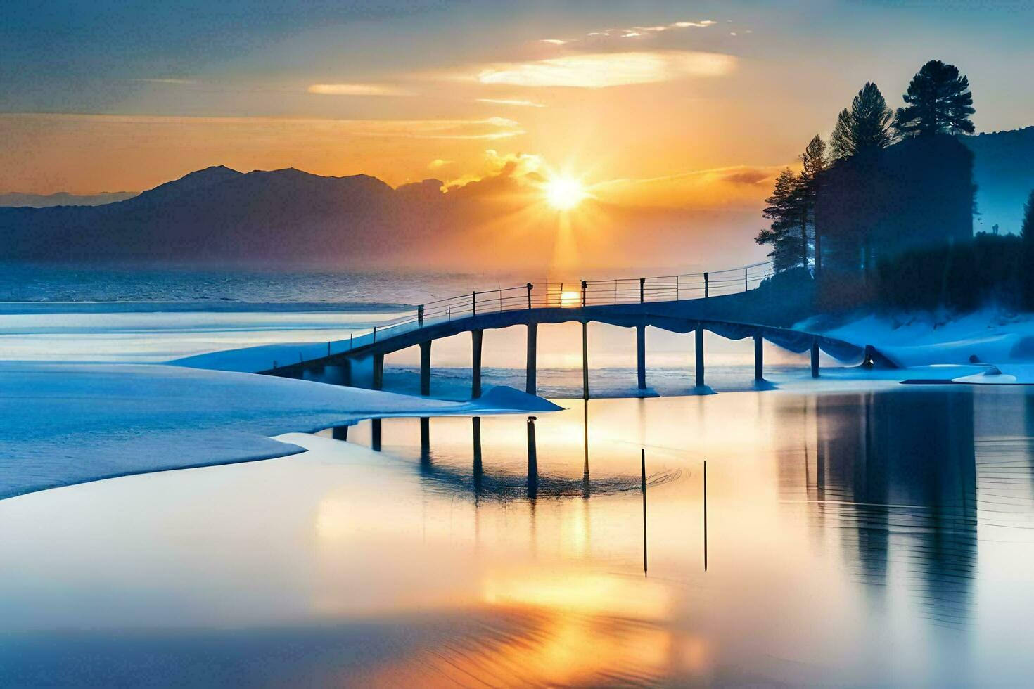 a bridge over a lake at sunset. AI-Generated photo