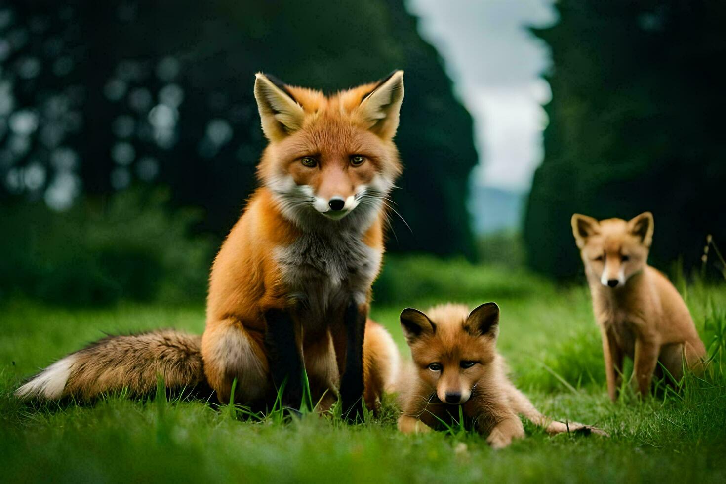 a fox family in the grass. AI-Generated photo
