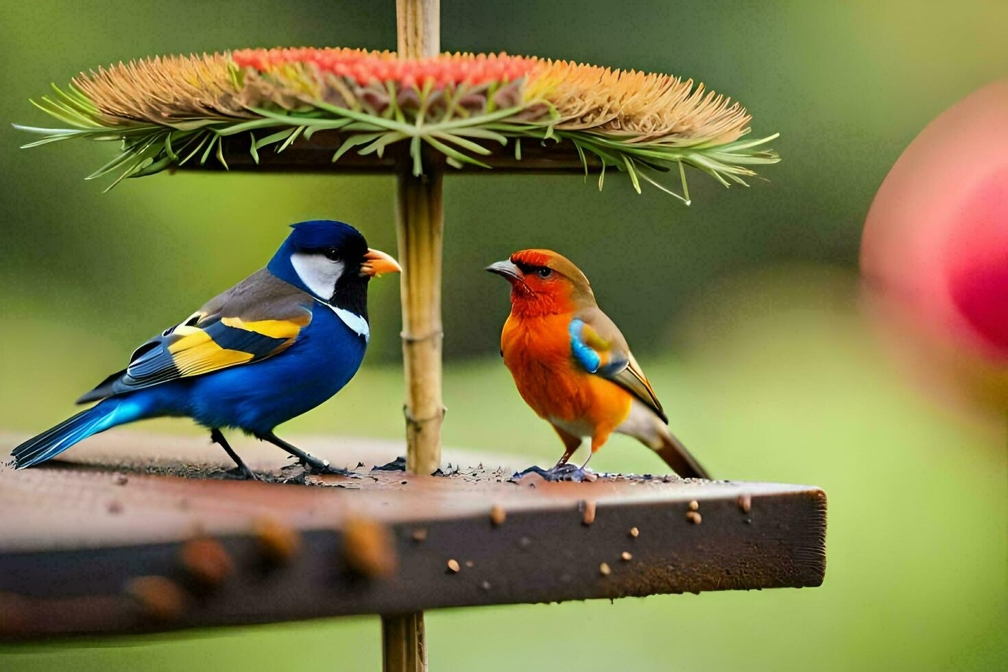 two colorful birds on a bird feeder. AI-Generated photo