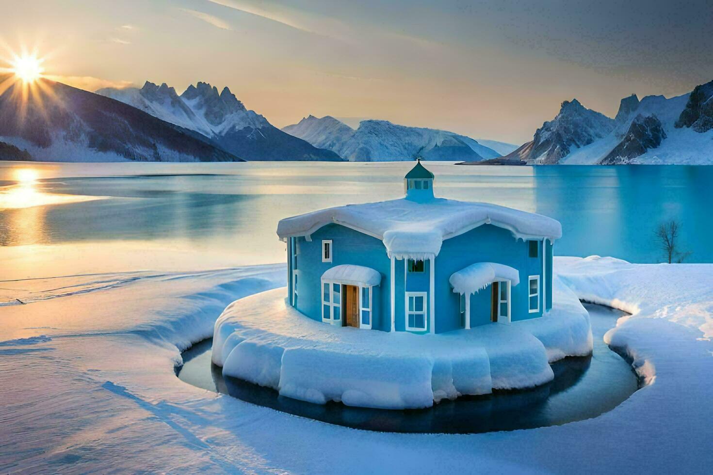 a blue house sits on an island in the middle of a lake. AI-Generated photo