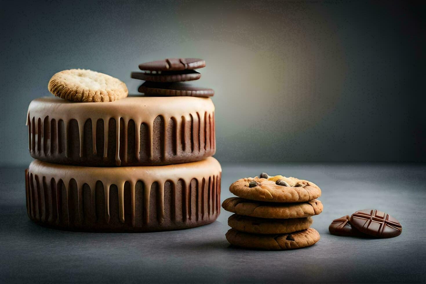 a stack of chocolate cookies and a cake. AI-Generated photo