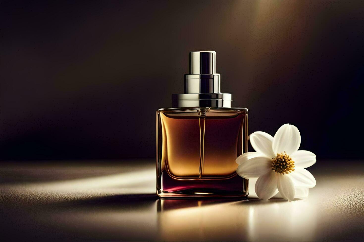 un perfume botella con un flor en un mesa. generado por ai foto