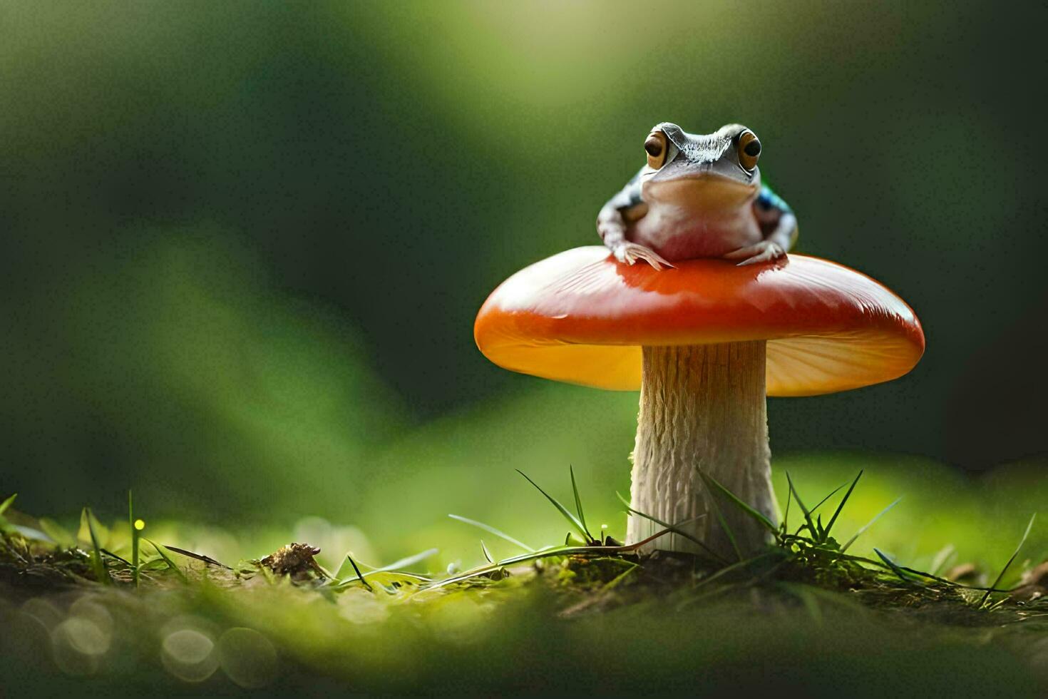 a frog sits on top of a mushroom. AI-Generated photo