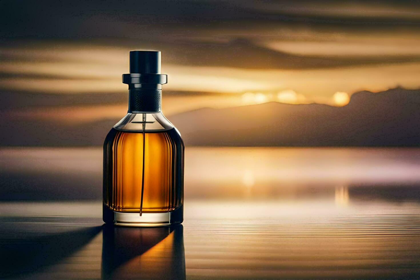 un botella de whisky en un mesa en frente de un puesta de sol. generado por ai foto