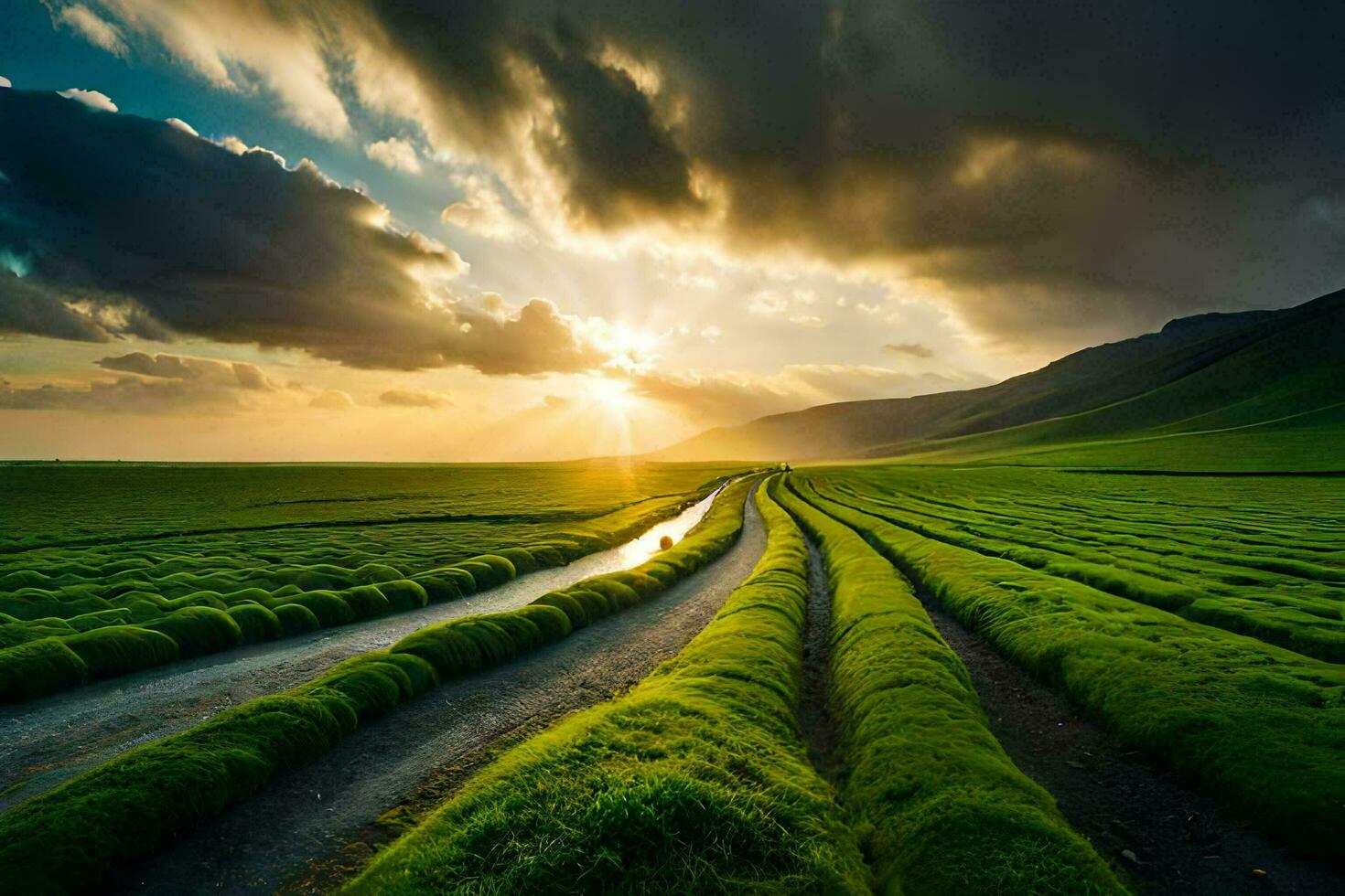 el Dom conjuntos terminado un verde campo con un suciedad la carretera. generado por ai foto