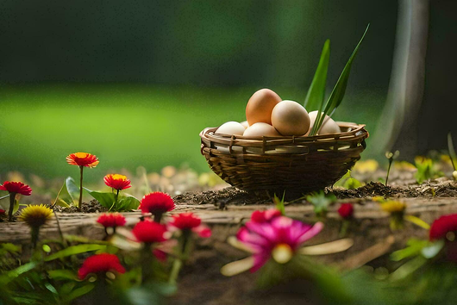 eggs in a basket on the grass. AI-Generated photo