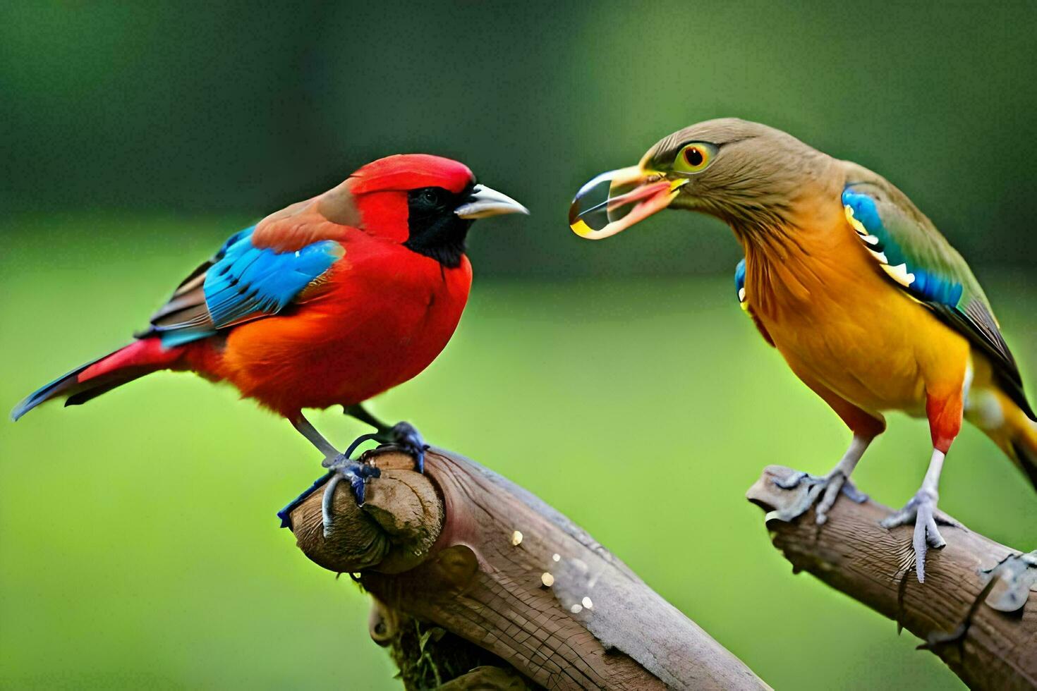two colorful birds are sitting on a branch. AI-Generated photo