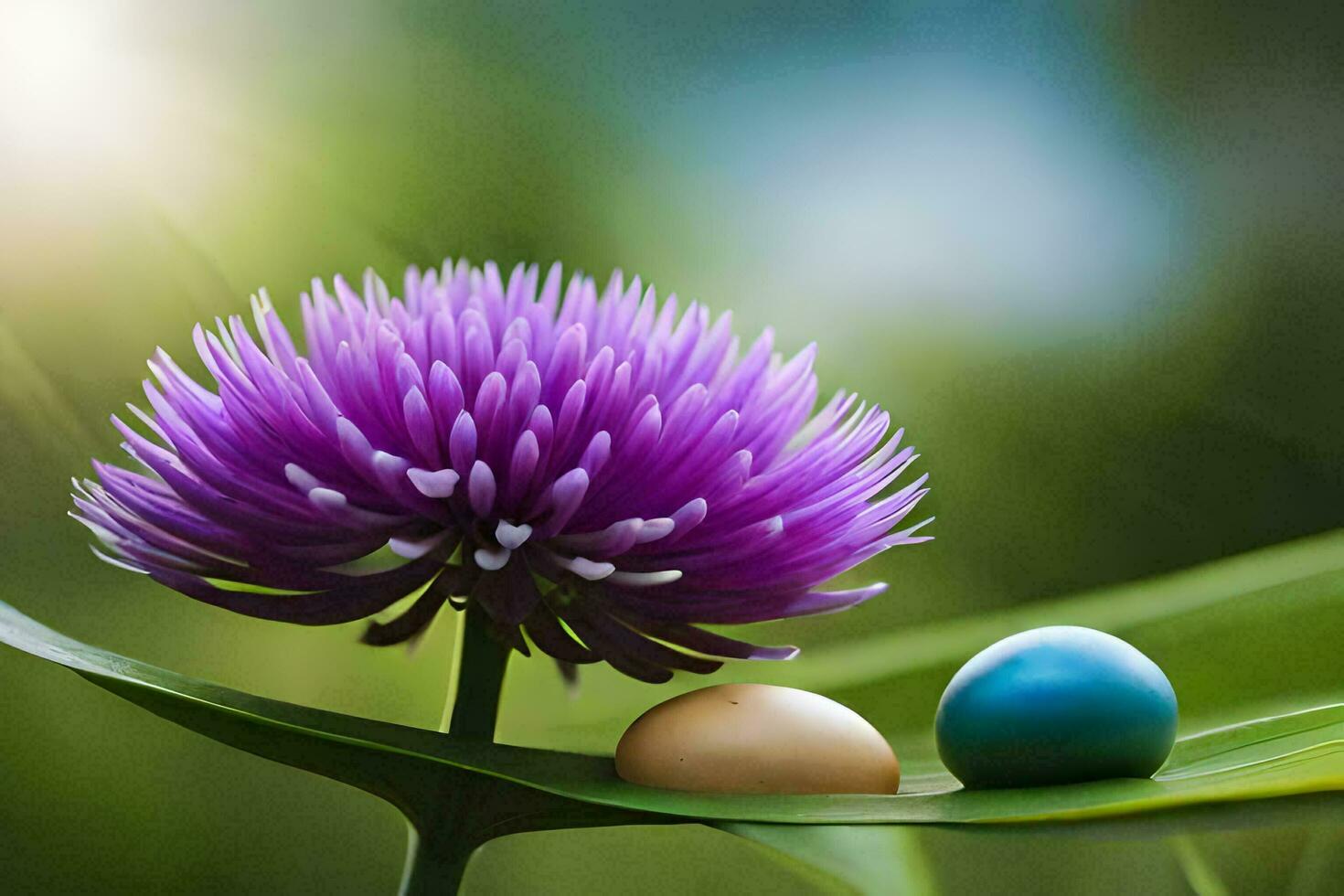 two blue and purple eggs on a green leaf. AI-Generated photo