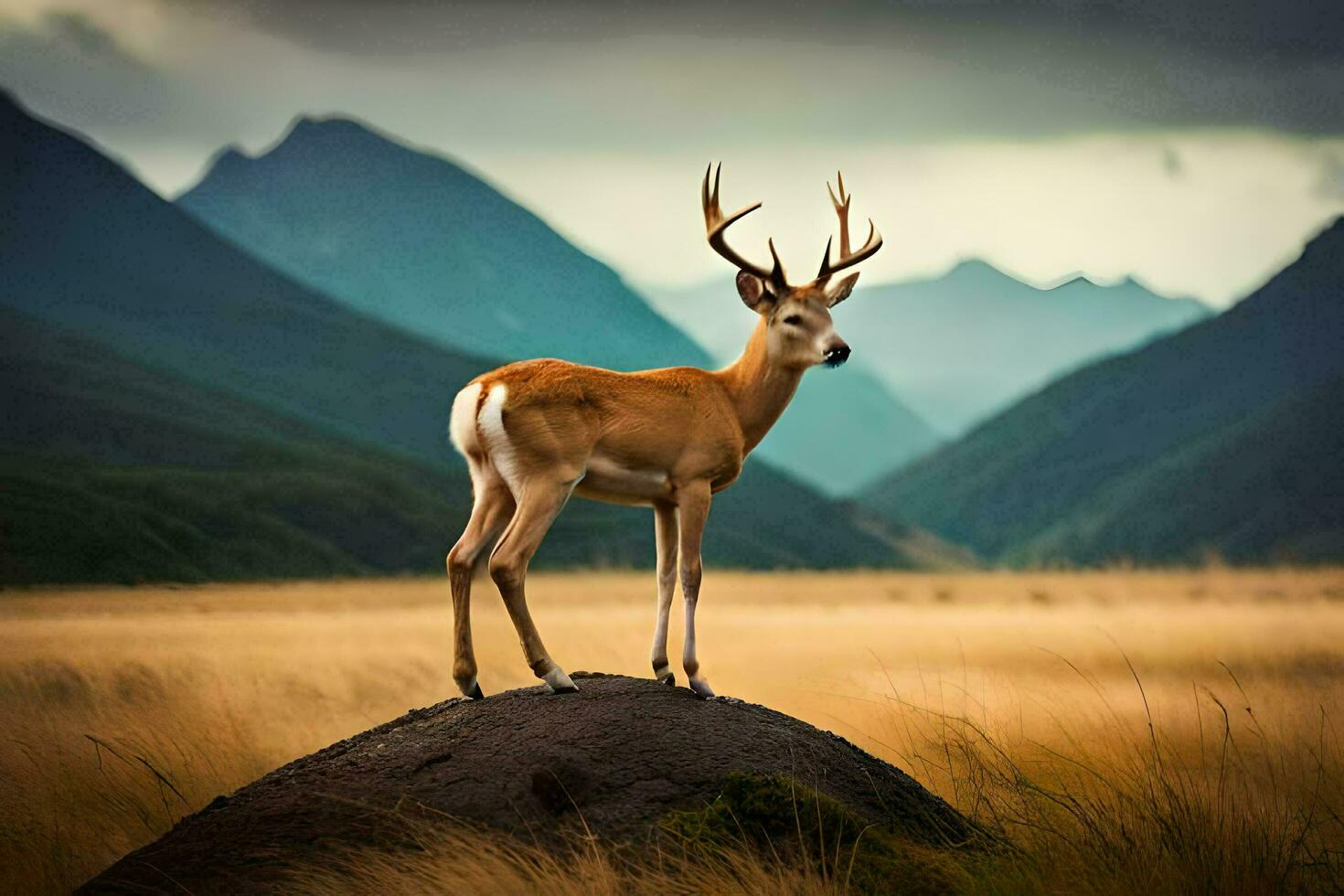 a deer stands on a rock in front of mountains. AI-Generated photo