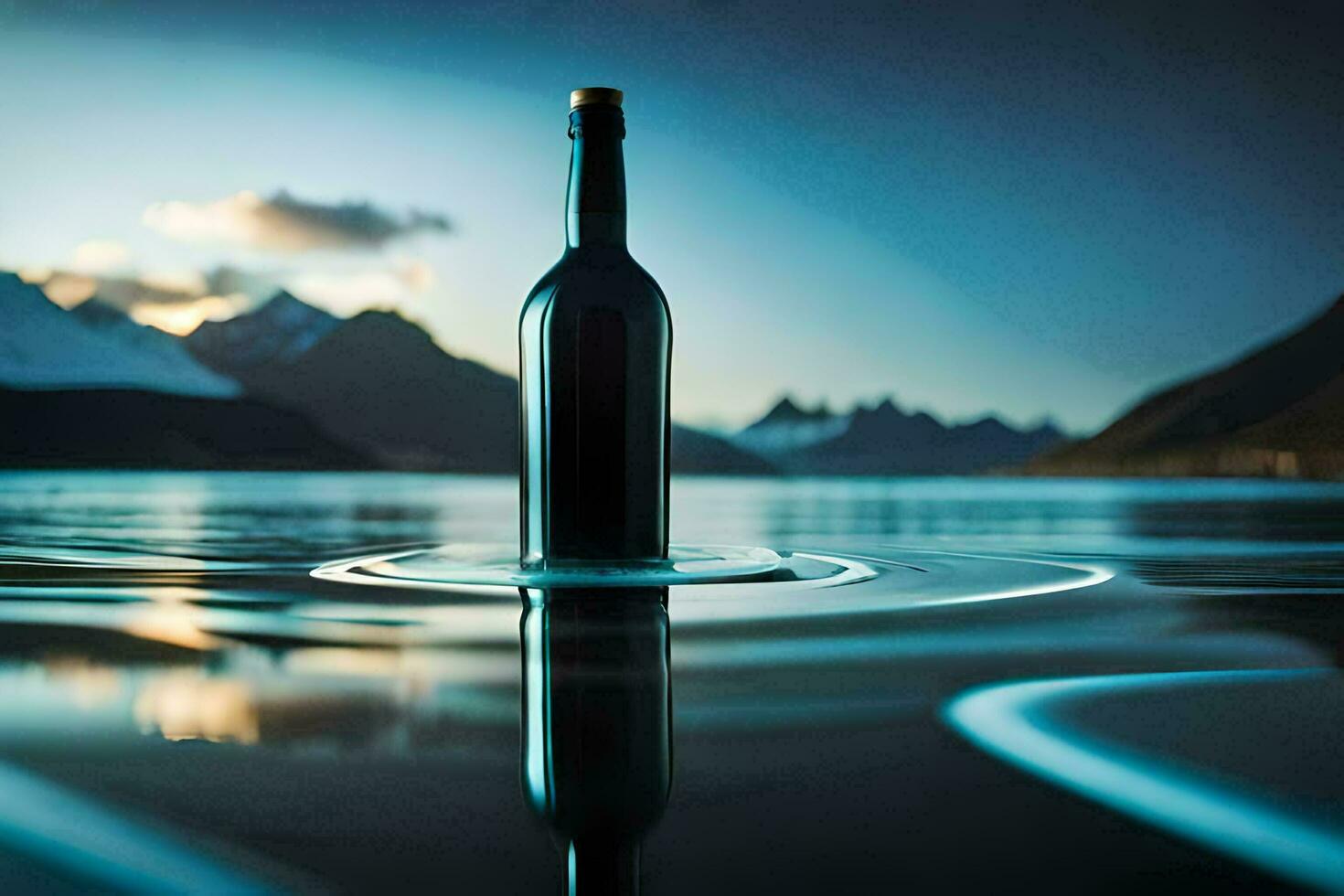 a bottle of wine is sitting on the water. AI-Generated photo