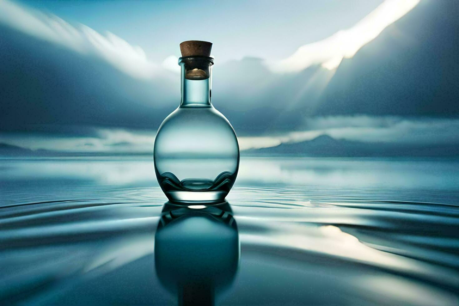 a bottle of water sitting on the water with a sky in the background. AI-Generated photo