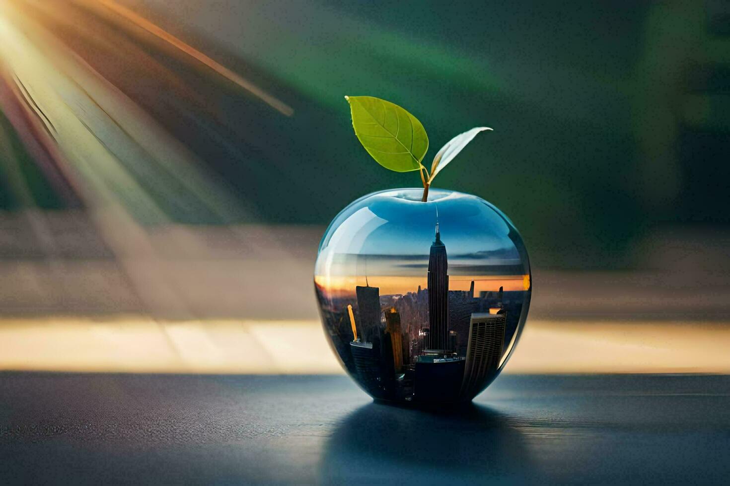 a glass apple with a cityscape in it. AI-Generated photo