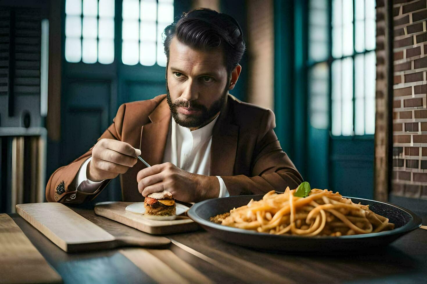 a man eating spaghetti in a restaurant. AI-Generated photo