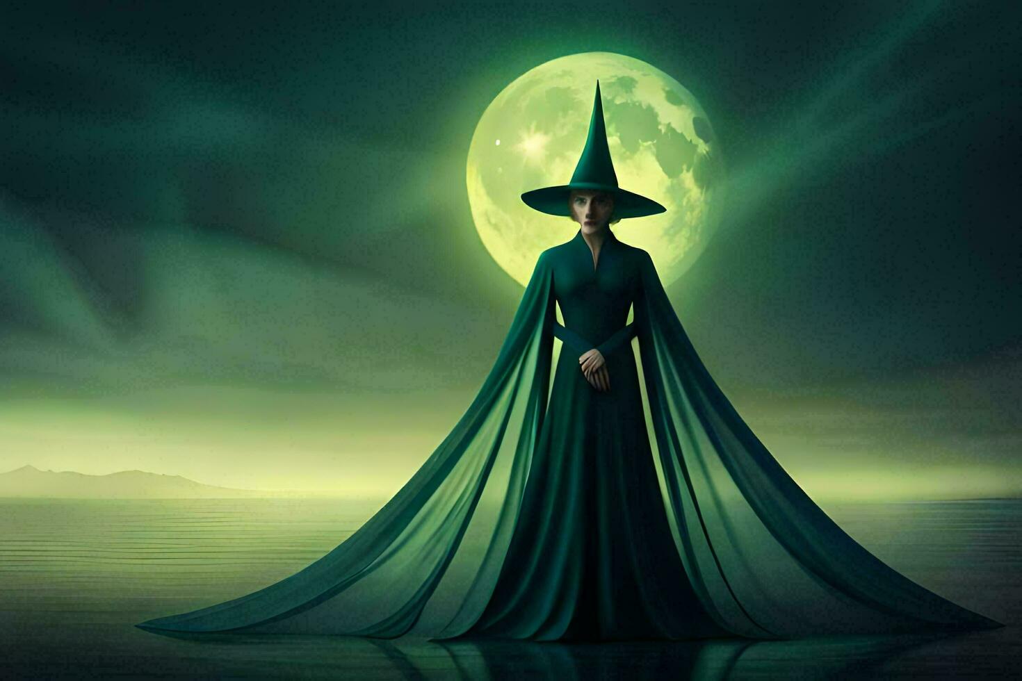 a witch standing in front of a full moon. AI-Generated photo