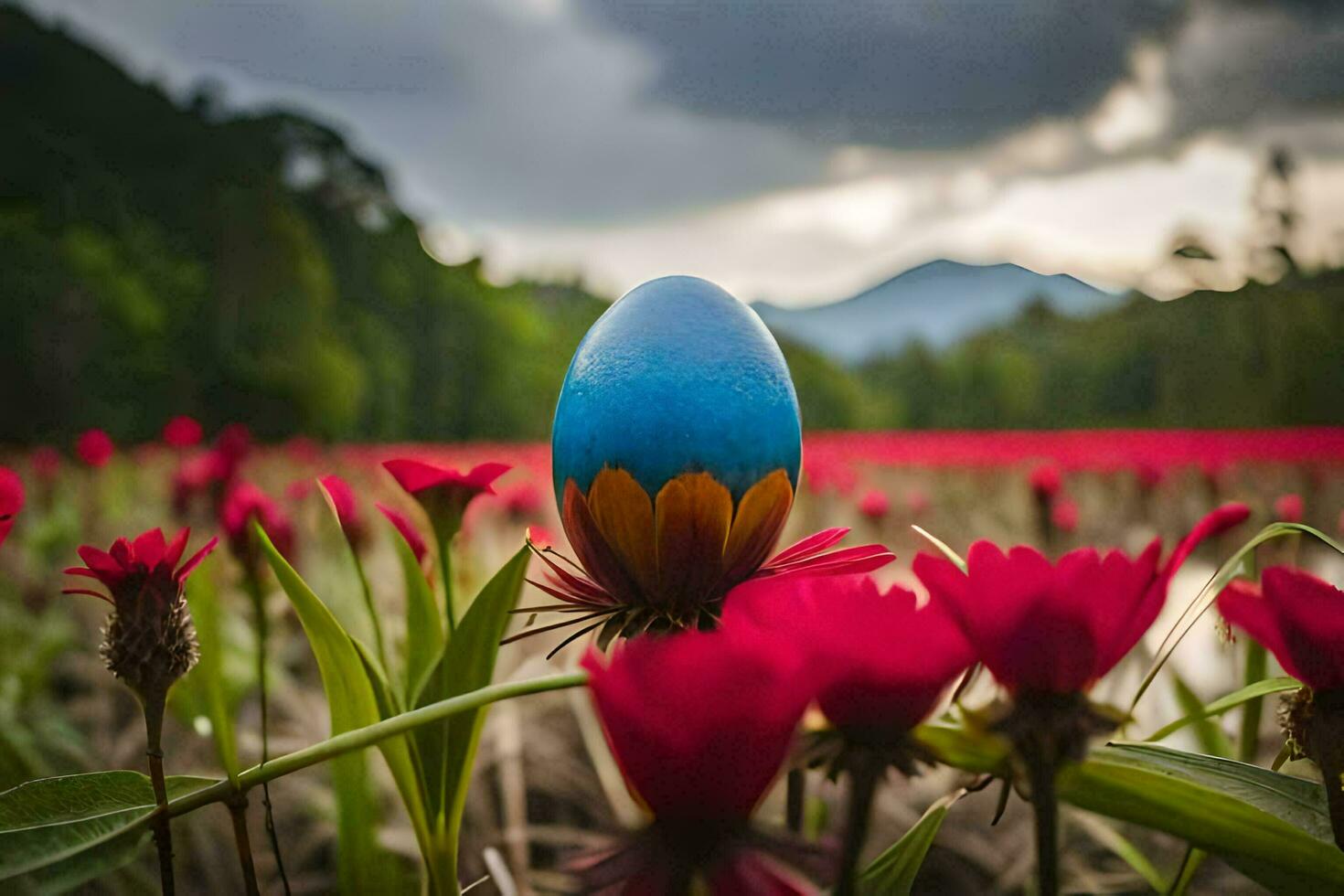 a blue egg sitting in a field of red flowers. AI-Generated photo