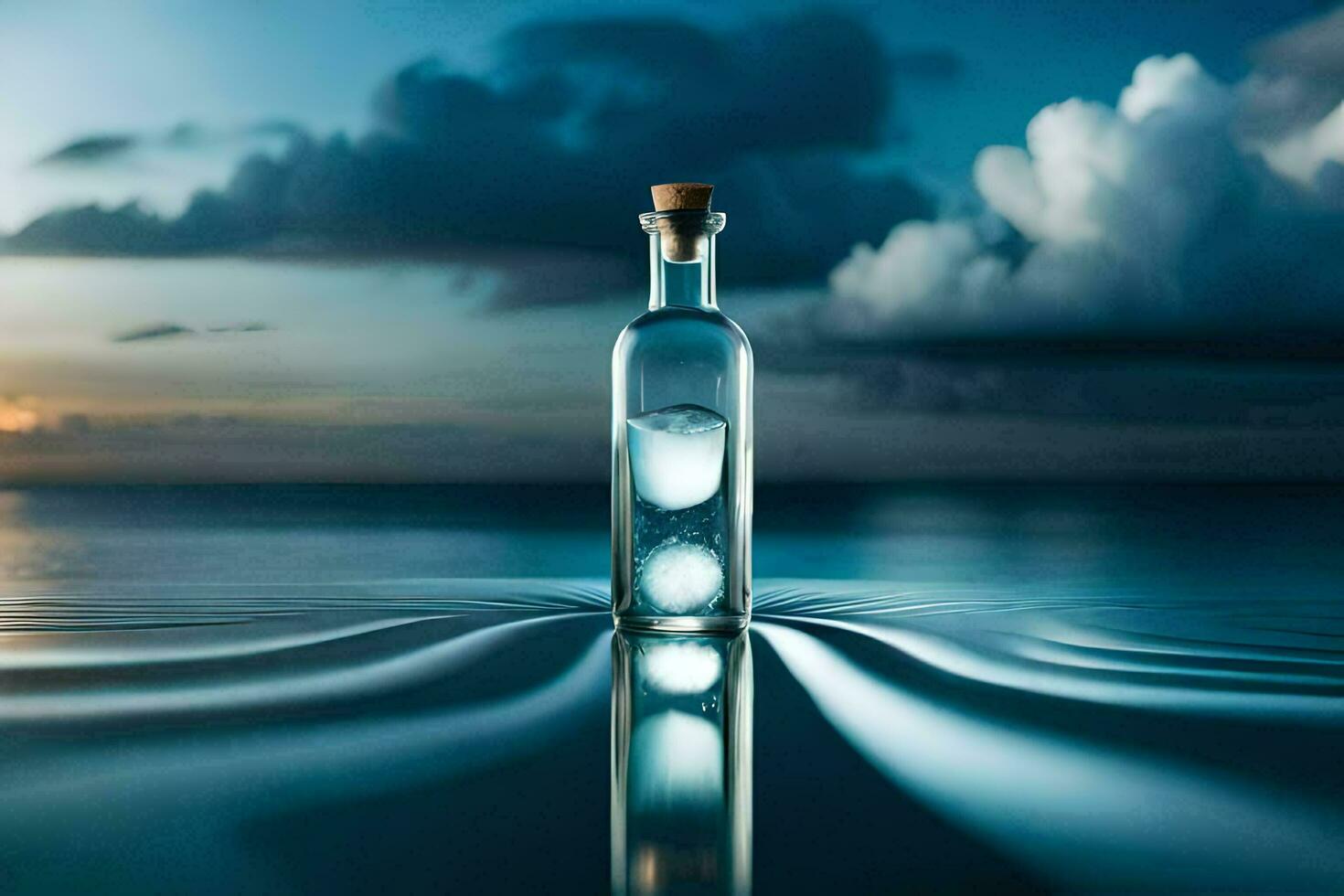 mensaje en un botella, agua, atardecer, nubes, agua, océano, cielo, hd. generado por ai foto