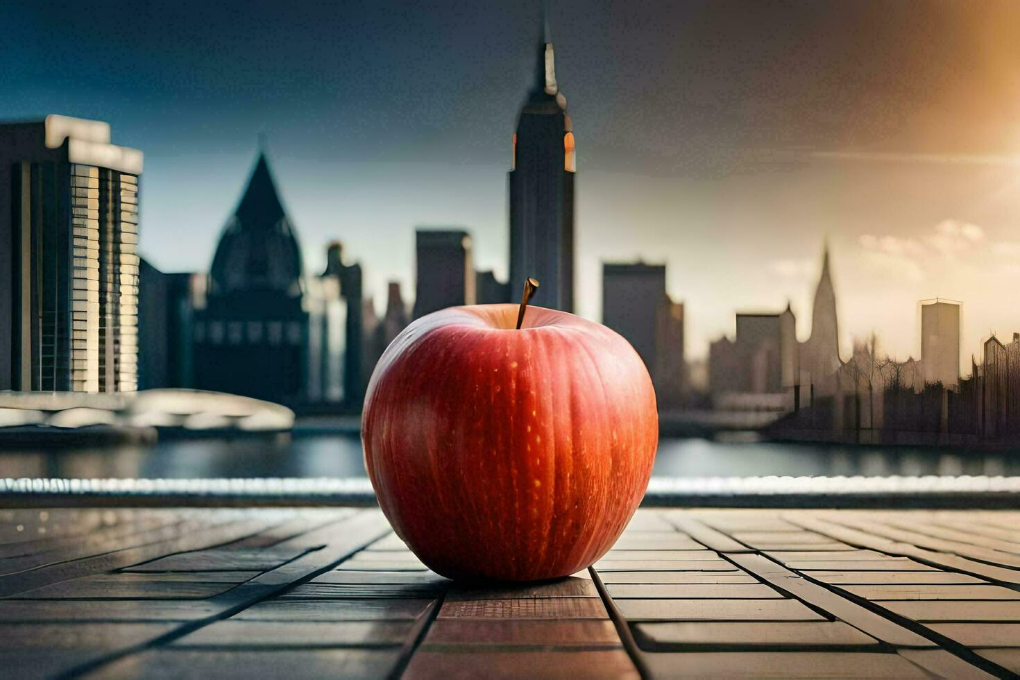 an apple sits on a table in front of a city skyline. AI-Generated photo