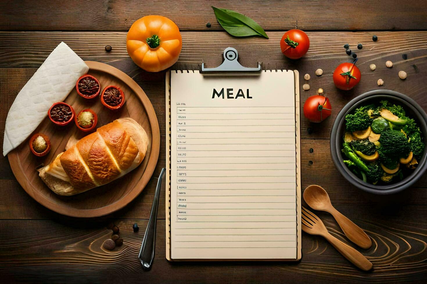 a meal planner with a notepad and a list of food items. AI-Generated photo