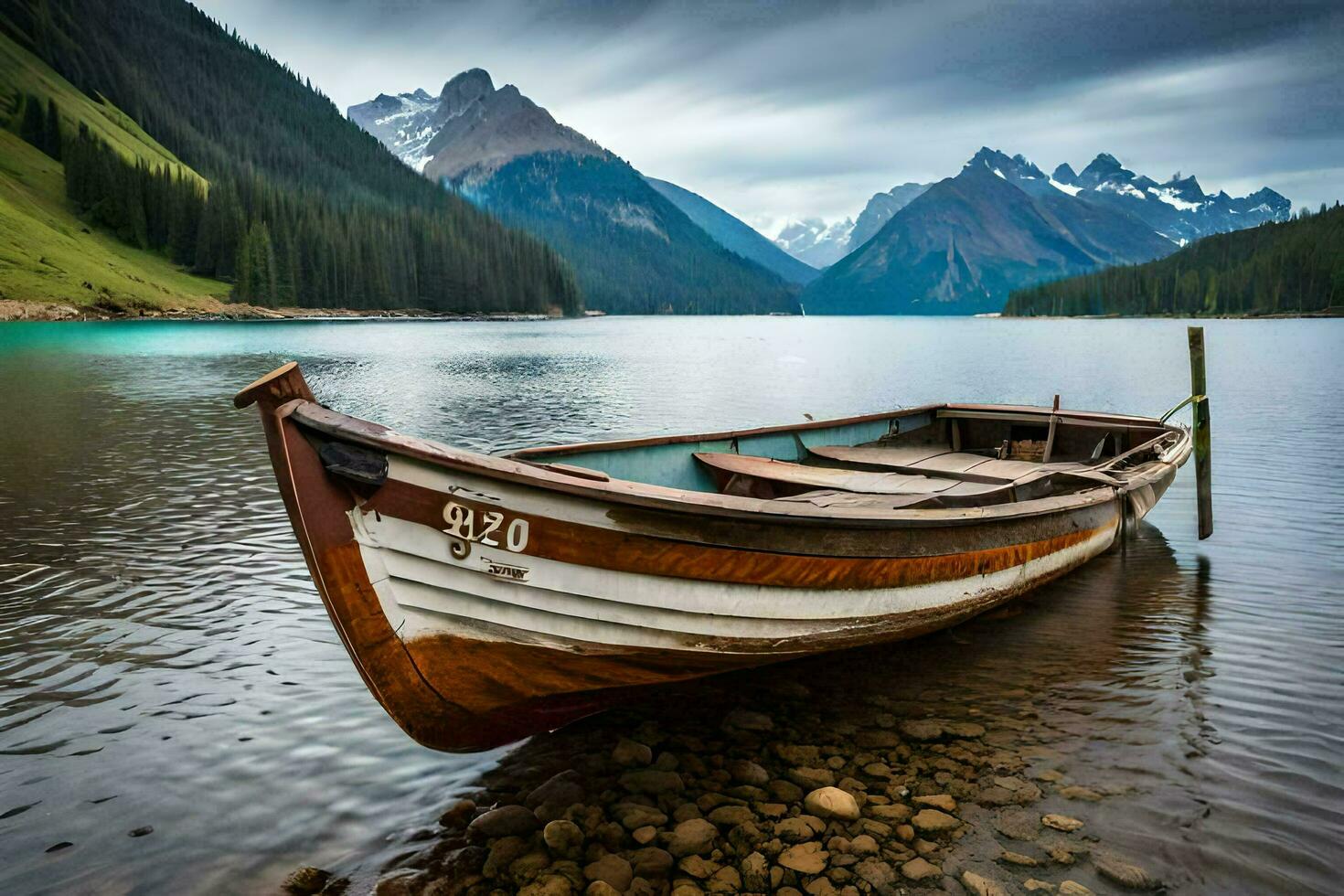 a boat sits on the shore of a lake. AI-Generated photo