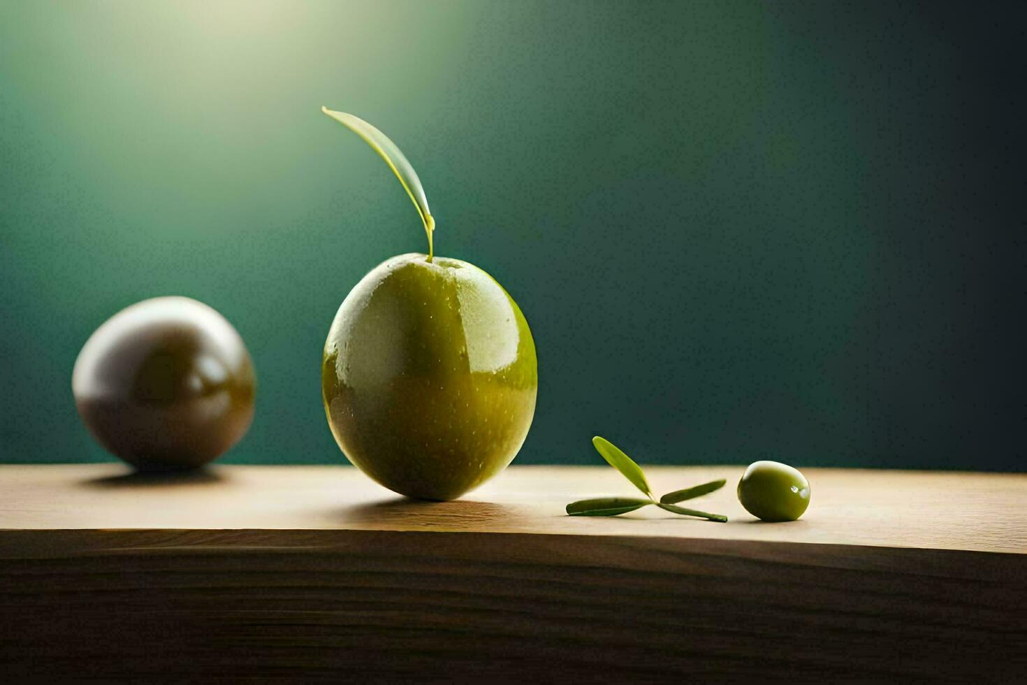 olives on a wooden table. AI-Generated photo