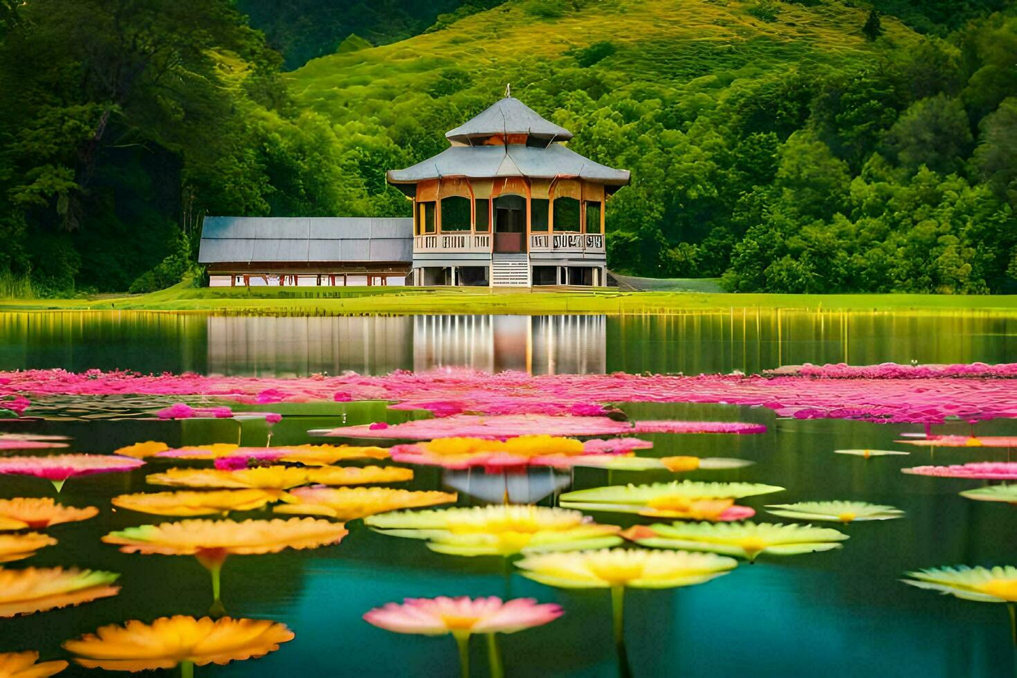 colorful lotus flowers in a pond with a pavilion. AI-Generated photo