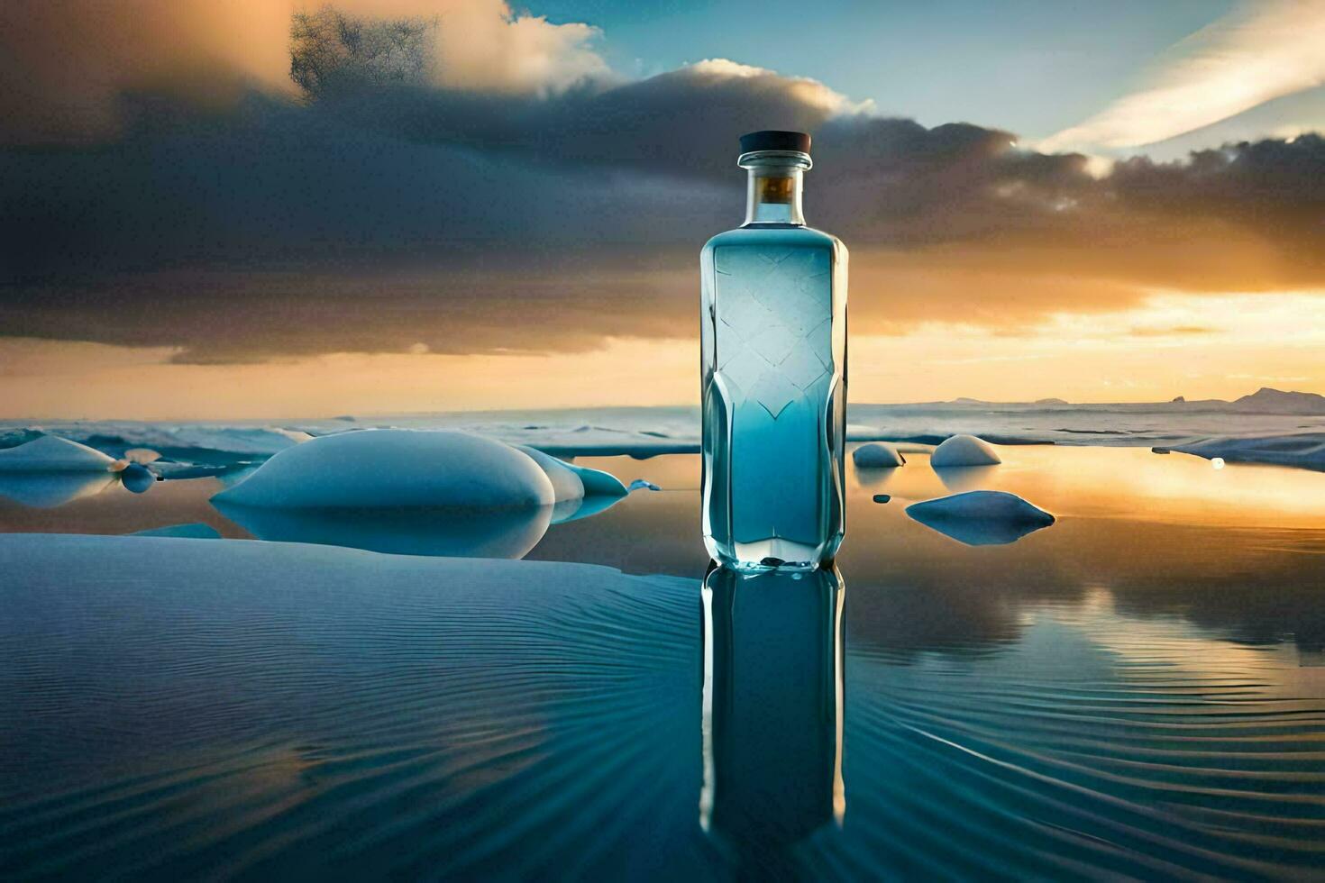 a bottle of blue gin sitting on the water. AI-Generated photo