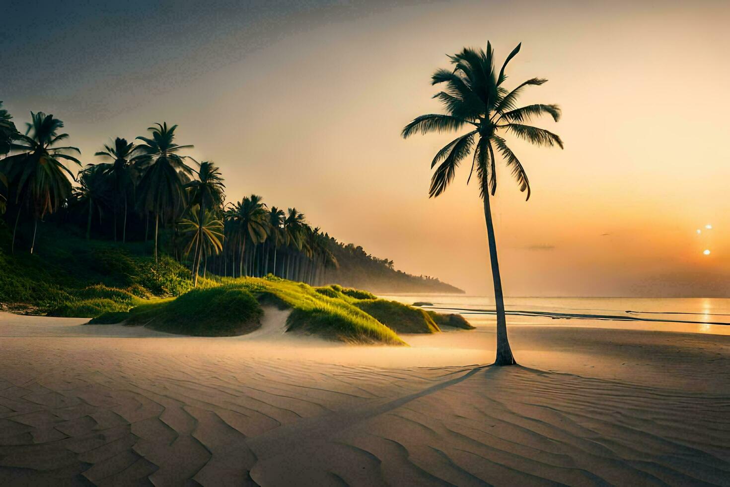the beach, palm trees, sunset, sand, beach, palm trees, beach, the beach. AI-Generated photo