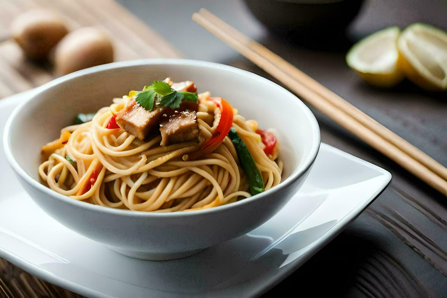 chinese noodles in a bowl with chopsticks. AI-Generated photo