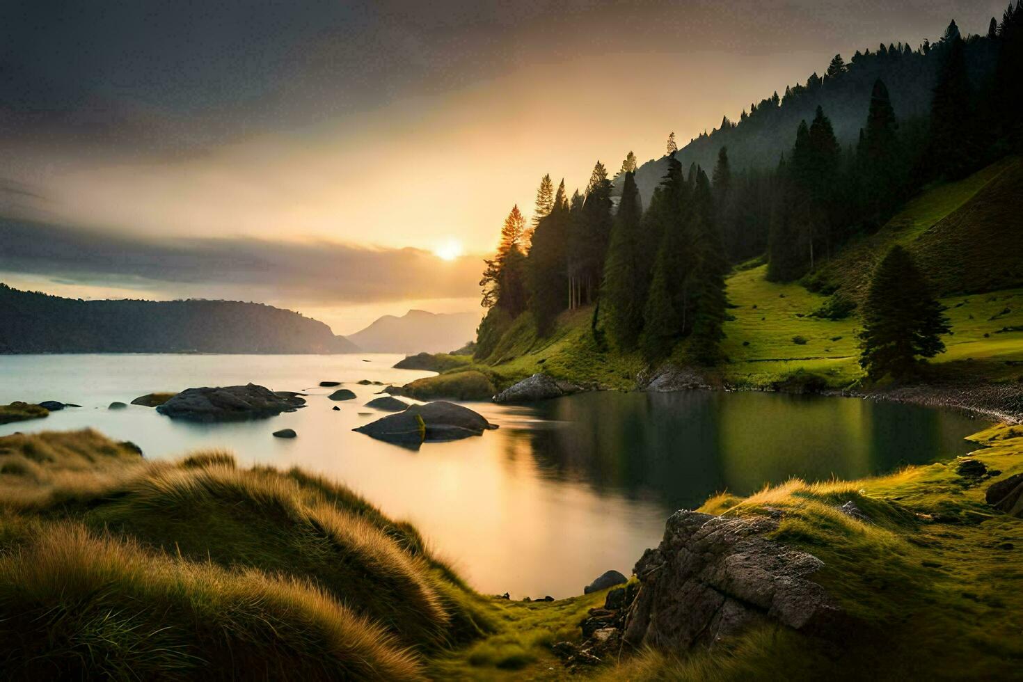 the sun sets over a lake and grassy hillside. AI-Generated photo