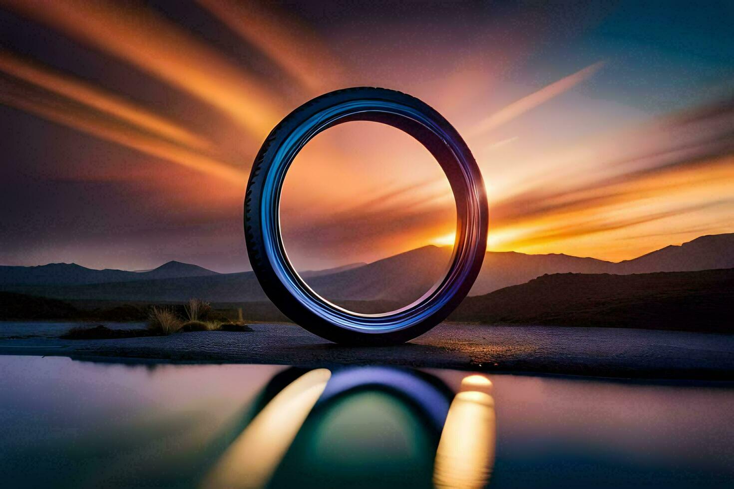 a tire on the ground with a sunset in the background. AI-Generated photo