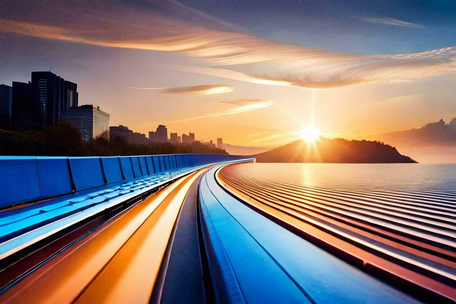 a train traveling along a track at sunset. AI-Generated photo