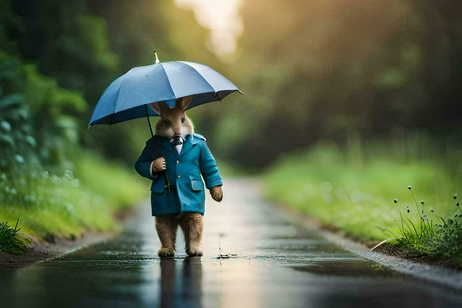 a rabbit in a suit holding an umbrella. AI-Generated photo
