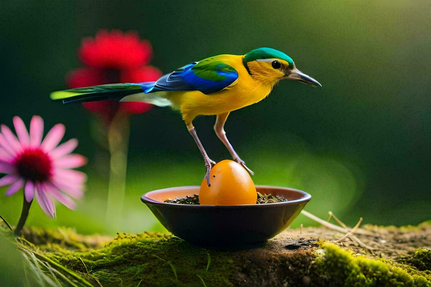 a bird is standing on a flower pot and eating an egg. AI-Generated photo