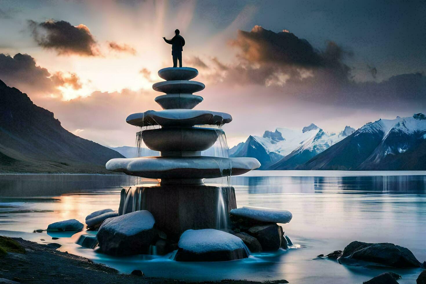 a man stands on top of a stack of stones in the middle of a lake. AI-Generated photo