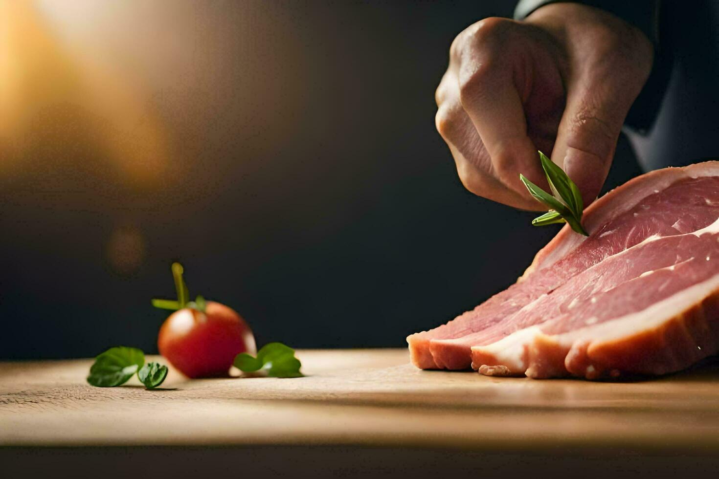 a person is cutting a piece of meat on a cutting board. AI-Generated photo