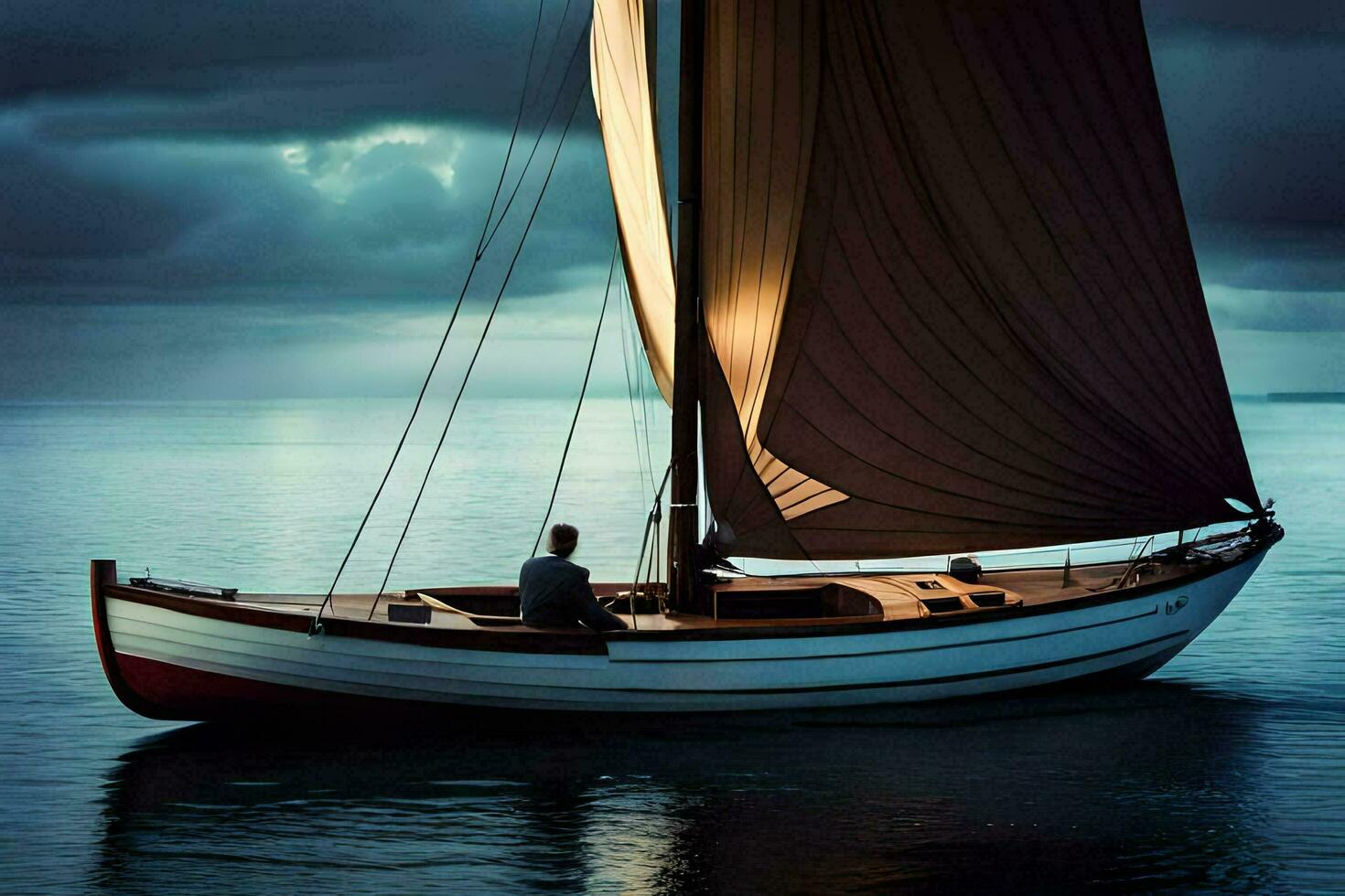 a man sitting in the bow of a sailboat. AI-Generated photo