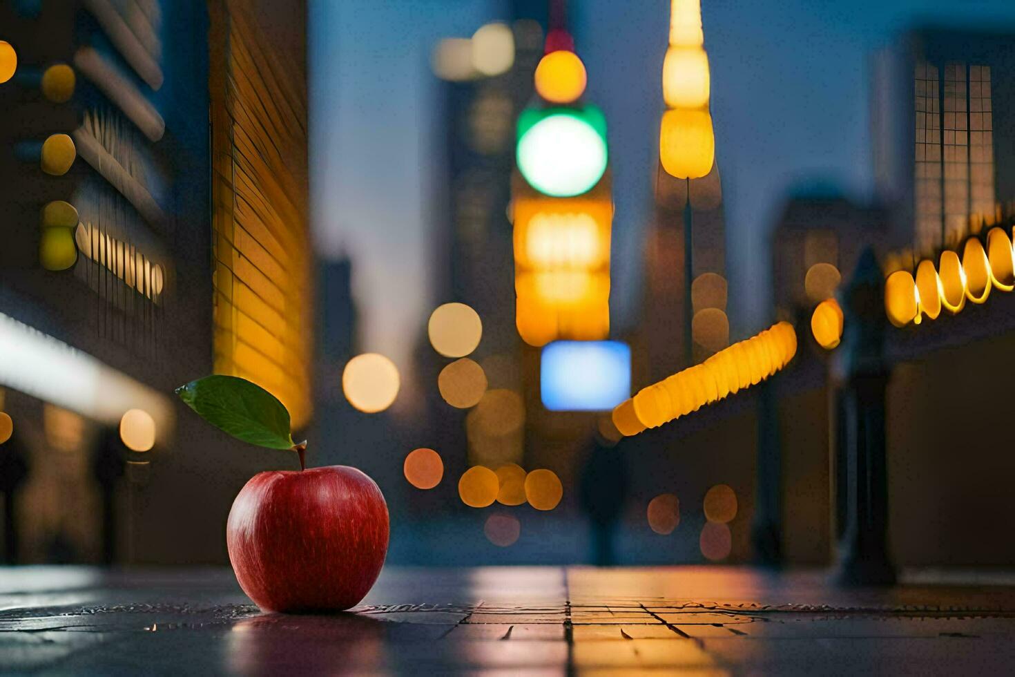 an apple sits on the ground in front of a city. AI-Generated photo