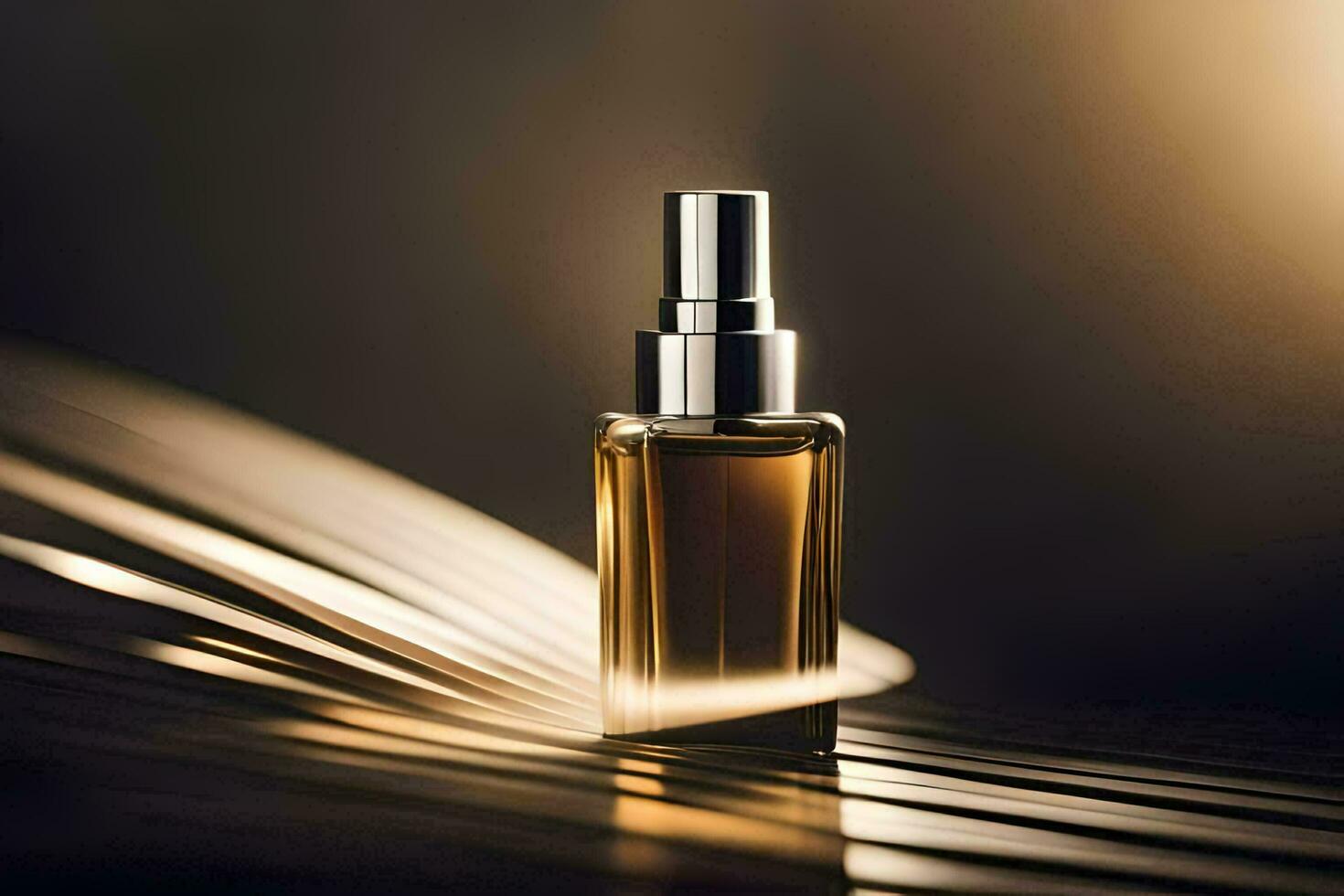 a bottle of perfume on a table. AI-Generated photo