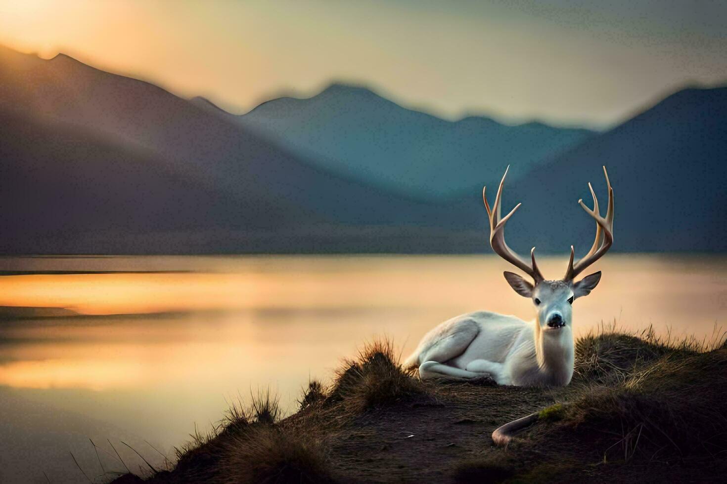 a deer is sitting on the edge of a lake at sunset. AI-Generated photo