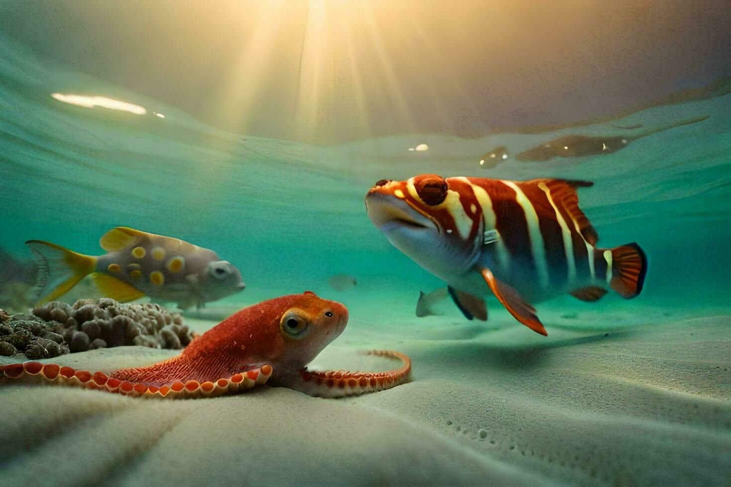 a fish and an octopus swimming in the ocean. AI-Generated photo