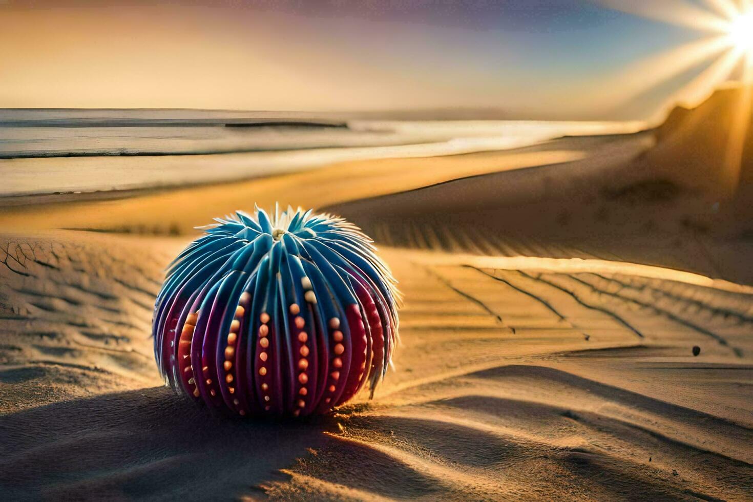 a colorful ball sits on the sand at sunset. AI-Generated photo