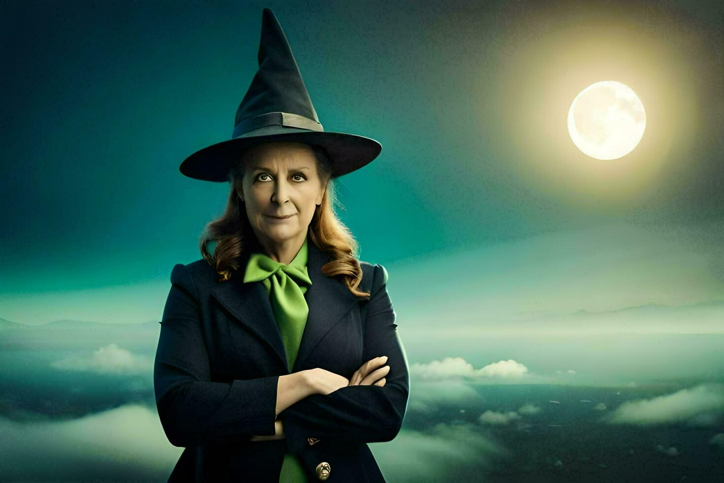 a woman in a witch hat and green shirt standing in front of a full moon. AI-Generated photo