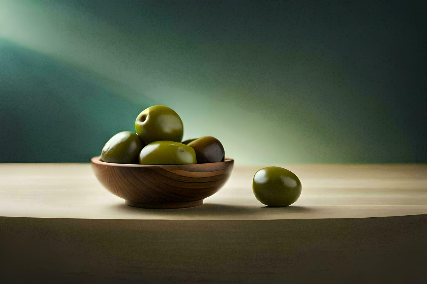 olives in a wooden bowl on a table. AI-Generated photo